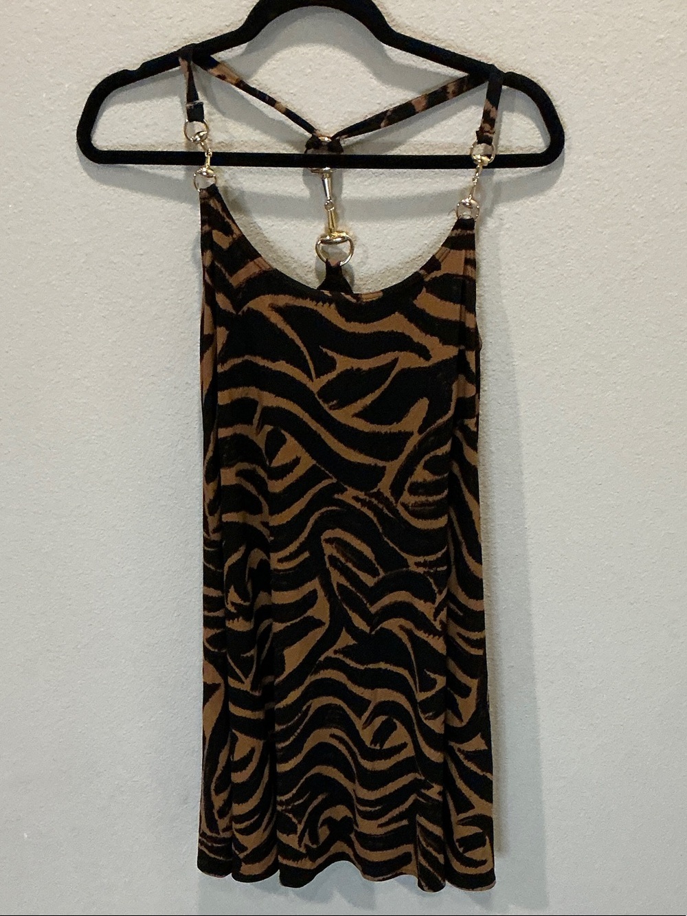 NWOT Cache Black and Brown Animal Print Strappy Dress with Gold Ring
